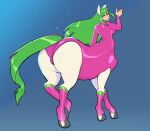 2026 blonde_hair breasts butt centaur clothing equid equid_taur european_mythology female gesture gradient_background greek_mythology hair hand_gesture hi_res humanoid_taur legwear leotard looking_at_viewer looking_back looking_back_at_viewer mammal mammal_taur metroid mythology nintendo pink_clothing pink_legwear pink_leotard rear_view samus_aran simple_background smile smiling_at_viewer smuglady solo taur taurified tight_clothing white_body