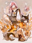  2girls alternate_costume animal_ears aroma_white asakura_neko bandage_over_one_eye bandaged_leg bandaged_torso bandages black_dress black_shoes blue_eyes boots bow bracelet brown_boots brown_hair chinese_commentary commentary_request cropped_shirt cytus cytus_ii dress halloween highres jewelry long_hair meowbot multicolored_hair multiple_girls orange_bow orange_shirt pink_eyes pink_hair shirt shoes short_hair shorts streaked_hair studded_bracelet studs tail user_hhyj8453 veil weibo_username white_shorts white_sleeves wolf_ears wolf_tail 
