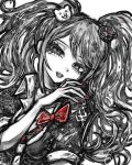  1girl bear_hair_ornament bow commentary_request danganronpa:_trigger_happy_havoc danganronpa_(series) enoshima_junko eyelashes fingernails hair_ornament highres long_hair nail_polish open_mouth red_bow red_eyes smile solo spot_color teeth tsukihi_shida twintails upper_teeth_only white_background 