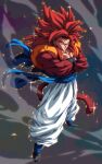  1girl black_shoes blue_eyes blue_sash blue_socks body_fur closed_mouth commentary_request crossed_arms dragon_ball dragon_ball_gt full_body gogeta long_hair looking_at_viewer male_focus metamoran_vest monkey_boy monkey_tail muscular muscular_male pants pectorals red_fur red_hair rom_(20) saiyan sash shoes smile socks solo sparkle spiked_hair super_saiyan super_saiyan_4 tail white_pants 