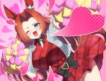  1girl animal_ears black_bow blue_eyes blush bow braid breasts brown_hair commentary_request commission curtained_hair dress half_up_half_down_braid heart highres holding holding_pom_poms horse_ears horse_girl horse_tail jacket kawakami_princess_(casual)_(umamusume) kawakami_princess_(umamusume) large_breasts long_hair looking_at_viewer one_eye_closed open_clothes open_jacket open_mouth pixiv_commission plaid_clothes plaid_dress pom_pom_(cheerleading) red_dress smile solo tail terumasa_(amanoy) umamusume 