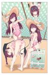  1girl absurdres arm_at_side ass barefoot bent_over black_bow blush_stickers border bow bow_swimsuit braid closed_mouth commentary commission covered_navel crotch_seam curtains demon_tail demon_wings dot_nose eye_mask fallenshadow flat_chest flower frilled_one-piece_swimsuit frilled_thigh_strap frills grin hair_bow hand_up hands_on_own_knees hat hat_flower highres indie_virtual_youtuber long_hair mask multiple_views on_suitcase one-piece_swimsuit one_eye_covered outline pettan_(zeez4743) pink_one-piece_swimsuit pixiv_commission pointy_ears polka_dot polka_dot_bow purple_hair rose sitting smile standing straight_hair straw_hat swimsuit tail thigh_strap twin_braids untranslatable_commentary very_long_hair virtual_youtuber white_border white_eyes white_flower white_outline white_rose wings 