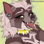 1:1 2026 5_fingers anthro artist_name brown_body brown_fur brown_nose canid canine canis cheek_tuft chest_tuft claws collar collar_only collarbone dated digital_drawing_(artwork) digital_media_(artwork) ear_piercing eyebrows eyelashes facial_piercing facial_tuft fangs female female_anthro fingers flat_colors fur gesture green_background green_eyes hair hand_gesture hi_res kyotoleopard looking_at_viewer mammal medium_hair multicolored_body multicolored_fur nails nose_piercing nose_ring nude open_mouth open_smile piercing portrait ring_piercing simple_background smile snout solo spiked_collar spikes tan_body tan_fur teeth text tongue tongue_out tongue_piercing tuft wolf yellow_claws yellow_collar