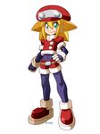  ankle_boots blonde_hair bodysuit boots flat_chest gloves green_eyes hand_on_hip hat parody red_shorts robert_j_case rockman rockman_dash rockman_zx rockman_zx_advent roll_caskett shorts signature smile solo spandex style_parody 