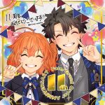  1boy 1girl ^_^ anniversary artist_name balloon black_hair black_necktie blue_bow blue_bowtie bow bowtie chaldea_logo closed_eyes commentary_request copyright_name facing_viewer fate/grand_order fate_(series) fujimaru_ritsuka_(female) fujimaru_ritsuka_(female)_(chaldea_academy_school_uniform) fujimaru_ritsuka_(male)_(chaldea_academy_school_uniform) grin highres himei_taskete light_blush necktie orange_hair smile 