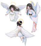  1girl angel angel_wings barefoot black_hair blunt_bangs blush breasts chitanda_eru choker cleavage commentary_request dress feathered_wings feet flying full_body halo hyouka long_hair long_sidelocks long_sleeves medium_breasts mery_(yangmalgage) multiple_views purple_eyes sidelocks simple_background very_long_hair white_background white_choker white_dress white_wings wings 