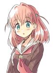  1girl :o blue_eyes blush brown_dress commentary_request crossed_bangs dress hair_intakes hair_ornament hasu_no_sora_school_uniform hatsukaze33 hinoshita_kaho long_sleeves looking_at_viewer love_live! love_live!_hasu_no_sora_jogakuin_school_idol_club medium_hair neckerchief open_mouth orange_hair rabbit_hair_ornament red_neckerchief sailor_collar sailor_dress school_uniform simple_background solo two_side_up upper_body virtual_youtuber white_background white_sailor_collar winter_uniform 
