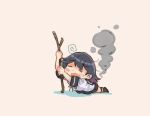  1girl ahoge black_hair black_sailor_collar black_skirt cane chibi closed_eyes commentary_request exhausted full_body kantai_collection lying on_stomach pink_background pleated_skirt saiguchi_otoufu sailor_collar sailor_shirt school_uniform serafuku shirt skirt smoke solo ushio_(kancolle) white_shirt 