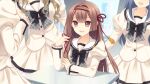  3girls arm_rest black_bow black_bowtie blonde_hair blue_hair bow bowtie brown_eyes brown_hair bubble_skirt buttons day desk double_bowtie frilled_skirt frilled_sleeves frills game_asset grey_bow grey_bowtie hair_intakes indoors juliet_sleeves long_hair long_sleeves miniskirt multiple_girls non-web_source official_art open_mouth plaid_bow plaid_bowtie plaid_clothes pleated_skirt puffy_sleeves sailor_collar school_uniform self-datamine shirahane_nao shirt sitting skirt standing surrounded tsuki_ni_yorisou_otome_no_sahou_2 umemiya_iseya white_sailor_collar white_shirt white_skirt wide_sleeves 