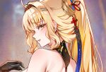  1girl black_gloves blonde_hair commentary cropped foxyreine gloves hair_intakes hair_ornament hand_up highres implied_nudity long_hair looking_at_viewer looking_back parted_lips sidelocks sideways_glance solo suisui_(wuthering_waves) turning_head wuthering_waves yellow_eyes 