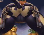 anthro anus_outline black_body bodysuit camel_toe clothing domestic_cat dual_wielding epic_games felid feline felis female food for_a_head fortnite fruit gun halloween handgun hi_res holding_object holding_weapon holidays jack-o'-lantern low-angle_view mammal object_head pistol plant pumpkin pumpkin_head ranged_weapon rear_view signature skinsuit solo spandex spice_(fortnite) spread_legs spreading tail tight_clothing vernoncaolo weapon