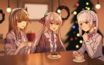  3girls bow bowtie braid brown_eyes brown_hair cake cake_slice christmas christmas_ornaments christmas_tree closed_mouth coffee_mug commentary cup fake_horns food green_eyes grey_hair heaven_burns_red highres holding holding_cup horns japanese_clothes kimono kiryuu_miya kr_woyue looking_at_viewer maid_headdress mug multiple_girls neck_ribbon ogasahara_hisame open_mouth ribbon school_uniform shirt sugawara_chie table twintails untranslatable_commentary white_shirt yellow_eyes 
