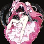  1girl alien_stage artist_name bare_shoulders black_background bow branchii4 commentary dress dress_bow english_commentary hair_bow hand_on_own_chest headset heart highres long_hair microphone mizi_(alien_stage) mizi_(zombie_stage) open_mouth pink_bow pink_dress pink_hair smile solo strapless strapless_dress twintails very_long_hair zombie_stage 