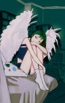  1girl angel_wings ankle_socks blanket byakugun covering_own_mouth green_hair half-closed_eyes head_tilt highres hugging_own_legs indoors knees_up looking_to_the_side no_shoes original red_eyes shorts sitting sketch sleeveless socks solo wings 