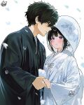  1boy 1girl alternate_hairstyle black_hair black_kimono blunt_bangs blush chitanda_eru commentary_request falling_petals green_eyes height_difference hetero holding_hands hyouka japanese_clothes kimono long_sleeves looking_at_another mery_(yangmalgage) oreki_houtarou parted_lips petals purple_eyes short_hair sidelocks signature simple_background smile uchikake upper_body wataboushi white_background white_hood white_kimono white_petals wide_sleeves 