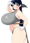  1girl :o alternate_breast_size_(larger) arato_nagi ass between_buttocks black_hair blue_eyes blush breasts curvy earrings gloves grey_panties grey_sports_bra hands_on_own_hips huge_breasts imiin jewelry long_hair panties pickaxe piercing ruri_no_houseki simple_background solo sports_bra sports_panties stud_earrings sweat underwear underwear_only white_background white_gloves 