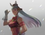  1girl absurdres animal_ears armband blunt_bangs bow breasts brown_hat closed_mouth commentary_request dress ear_bow ear_ribbon gloves gold_ship_(red_strife)_(umamusume) gold_ship_(umamusume) grey_hair hat highres horse_ears horse_girl long_hair looking_at_viewer medium_breasts neruko-nuko03133904 pillbox_hat purple_eyes red_bow red_dress sleeveless sleeveless_dress smile solo striped_armband striped_clothes umamusume upper_body white_gloves 