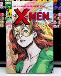  1girl collarbone commentary cover_sketch english_commentary eye_mask gloves gold_gloves gold_mask green_shirt highres jean_grey long_hair marker_(medium) marvel marvel_girl mask parted_lips pectoral_cleavage pectorals photo_(medium) red_hair shirt signature solo stanley_lau traditional_media x-men 