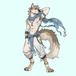 4_toes abs absurd_res anthro biped blue_clothing blue_eyes bottomwear bracelet brown_body canid canine canis claws clothing digitigrade fang_(rubixfpv) feet hand_behind_head hi_res jewelry looking_away male mammal markings muscular necklace pants rubixfpv scarf simple_background smile solo standing tan_body tattoo toes white_body white_clothing wolf