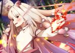  1girl absurdres bamboo bamboo_forest bow collared_shirt commentary_request fire forest fujiwara_no_mokou full_moon grey_hair hair_bow highres ikano_onabe931 long_hair looking_at_viewer moon multiple_hair_bows nature night open_mouth outdoors pants pyrokinesis red_eyes red_pants revision shirt smile solo suspenders touhou very_long_hair white_shirt 