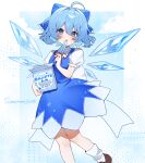  1girl absurdres ahoge back_bow blue_bow blue_dress blue_eyes blue_hair blush bow brown_shoes character_print cirno collared_shirt commentary detached_wings dress food hair_bow highres holding holding_food holding_popsicle ice ice_wings licking_food looking_at_viewer medium_hair neck_ribbon pinafore_dress popsicle red_ribbon ribbon samon_(vxxr8575) shirt shoes sleeveless sleeveless_dress socks solo tongue tongue_out touhou translation_request twitter_username white_bow white_shirt white_socks wings 