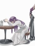  1girl absurdres black_shoes coat commentary_request cup dress fern_(sousou_no_frieren) from_side full_body grey_coat half_updo highres holding holding_cup leaning_forward long_dress long_hair long_sleeves looking_at_viewer looking_to_the_side mage_staff on_stool open_mouth parted_lips plate purple_eyes purple_hair shoes simple_background sitting solo sousou_no_frieren staff stool straight_hair table teacup teapot telomer turning_head unworn_coat white_background white_dress 