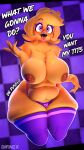2026 3d_(artwork) absurd_res accessory ahegao anthro areola avian beak big_breasts bird blonde_hair blue_eyelashes blush blush_lines bodily_fluids breasts brown_areola brown_nipples checkered checkered_background chica_(fnaf) chicken chiku_(cryptiacurves) clothing dark_areola dark_nipples dialogue difinex digital_media_(artwork) english_text eyelashes eyeshadow fangs fazclaire's_nightclub feathers female five_nights_at_freddy's galliform glistening glistening_body hair hair_accessory hairclip hi_res huge_thighs inverted_nipples kneeling legwear looking_pleasured makeup nipples non-mammal_breasts non-mammal_nipples one_fang open_mouth open_smile orange_beak pattern_background phasianid purple_background purple_clothing purple_eyes purple_eyeshadow purple_legwear purple_thigh_highs purple_thong purple_underwear saliva saliva_on_tongue saliva_string scottgames short_hair simple_background skindentation slightly_chubby slightly_chubby_anthro slightly_chubby_female smile solo teeth text thick_thighs thigh_highs thong tongue tongue_out underwear watermark white_text wide_hips yellow_body yellow_feathers