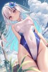 1girl artist_name ass_visible_through_thighs bare_shoulders blue_flower blue_hair blue_one-piece_swimsuit blue_streaks blunt_bangs blurry blush bracelet breasts character_name cloud cloudy_sky colored_inner_hair commentary company_name competition_swimsuit copyright_name covered_navel cumulonimbus_cloud dated day depth_of_field floating_hair flower from_below grey_hair groin hair_flower hair_ornament highres jewelry kuro-kun_(nablack) lize_helesta long_hair looking_at_viewer looking_down medium_breasts multicolored_hair nijisanji one-piece_swimsuit outdoors palm_tree purple_eyes skindentation sky solo streaked_hair swimsuit thigh_gap tree two-tone_one-piece_swimsuit virtual_youtuber watermark wet white_one-piece_swimsuit 
