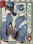  2boys ? alien_stage alternate_costume animal_ears bag black_eyes black_hair blue_hat blue_jacket bow bowtie brown_bag cat_boy cat_ears cat_tail chinese_commentary commentary_request crossbody_bag english_text fang floppy_ears gloves green_bow green_bowtie green_eyes grey_hair hat highres holding holding_letter ivan_(alien_stage) jacket letter male_focus multiple_boys rabbit_boy rabbit_ears red_bow red_bowtie red_pupils short_hair spoken_question_mark tail till_(alien_stage) very_short_hair wax_seal white_gloves ya_shiba_li_hao 