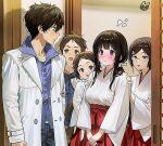  2boys 3girls :d architecture black_hair black_pants blue_eyes blue_shirt blunt_bangs blush breasts brown_hair chitanda_eru coat commentary_request cowboy_shot double-parted_bangs dress_shirt east_asian_architecture frown fukube_satoshi glasses hair_between_eyes hakama hakama_skirt height_difference hyouka ibara_mayaka indoors japanese_clothes juumonji_kaho kimono long_hair long_sleeves looking_at_another low_ponytail medium_breasts mery_(yangmalgage) multiple_boys multiple_girls open_clothes open_coat open_mouth oreki_houtarou pants parted_bangs ponytail purple_eyes red_eyes red_skirt shirt short_hair sidelocks skirt smile standing white_coat yellow_eyes 