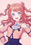  1girl 88_elza_88 blue_eyes breasts commentary_request gakuen_idolmaster hanami_saki hatsuboshi_gakuen_school_uniform idolmaster jacket long_hair long_sleeves looking_at_viewer open_mouth pink_background pink_hair pink_jacket red_hair ribbon school_uniform shirt simple_background skirt smile solo two_side_up white_shirt 