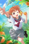  1girl :d ;d ahoge akira_hjk arm_up black_socks bow braid brown_shoes clover_hair_ornament commentary dutch_angle food fruit grey_sailor_collar grey_skirt hair_bow hair_ornament hand_up highres holding holding_food holding_fruit leg_up loafers love_live! love_live!_sunshine!! mandarin_orange midriff_peek miniskirt neckerchief ocean one_eye_closed open_mouth orange_hair outdoors pleated_skirt red_eyes red_neckerchief sailor_collar school_uniform serafuku shirt shoes short_sleeves side_braid skirt smile socks solo takami_chika tie_clip uranohoshi_school_uniform white_shirt yellow_bow 