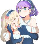 2girls armpit_crease azabu_mai blue_eyes blush ceras_yanagida_lilienfeld closed_eyes commentary fang feeding food hair_ornament hair_ribbon hairclip highres ice_cream ikizulive!_love_live!_bluebird llb long_hair looking_at_another love_live! love_live!_hasu_no_sora_jogakuin_school_idol_club love_live!_series_official_card_game multiple_girls next_card_(love_live!) parallel_hairclips purple_hair red_ribbon ribbon short_hair simple_background single_bare_shoulder single_off_shoulder virtual_youtuber white_background white_hair 