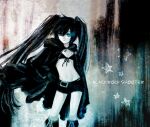  1girl 2000s_(style) bikini bikini_top_only black_hair black_rock_shooter black_rock_shooter_(character) black_shorts blue_eyes coat commentary_request flaming_eye long_hair midriff mio_(yumehikou) navel no_shirt shorts solo standing swimsuit twintails 