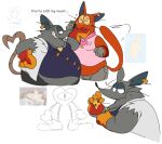 anthro anthrofied belly blush clothing crop_top cupping_chin domestic_cat duo eating english_text felid feline felis food fur grey_body grey_fur heart_(mad_rat_dead) mad_rat_(mad_rat_dead) mad_rat_dead male male/male mammal murid murine nippon_ichi_software overweight peppermintsrb2 pizza rat red_body red_fur rodent romantic romantic_couple shirt smile text topwear