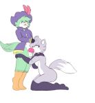 anthro anthro_on_anthro avian bird breasts canid canine canis captain_budgey_(piggy) clothed clothing dipstick_tail duo feathers fellatio female fur genitals green_body green_feathers grey_body grey_fur grey_tail gynomorph gynomorph/female hat_feather headgear headwear hook hook_hand intersex intersex/female jennifer_220 legwear loose_feather mammal markings oral pantsless parrot penile penis scarf sex stockings tail tail_markings white_tail_tip willow_(piggy) wolf
