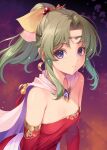  1girl armlet bare_shoulders blue_eyes breasts cape closed_mouth commentary_request detached_sleeves dress earrings empty_eyes final_fantasy final_fantasy_vi gem gold_armlet gold_earrings green_hair hair_ribbon jewelry kirishima_satoshi long_hair mind_control pink_cape ponytail purple_gem red_sleeves ribbon sash slave_crown_(final_fantasy_vi) small_breasts solo strapless strapless_dress terra_branford tiara tube_dress waist_sash 