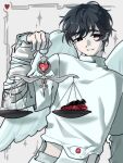  1boy alien_stage angel_wings black_eyes black_hair chinese_commentary clothing_cutout commentary_request feathers heart heart_(organ) highres holding_balance_scale ivan_(alien_stage) layered_shirt male_focus official_alternate_costume red_pupils shirt smile solo turtleneck turtleneck_shirt white_shirt white_wings wings ya_shiba_li_hao 