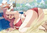  >_< 1girl absurdres arm_up armpits artist_name ass bare_arms bare_legs bare_shoulders beach beach_umbrella bent_over bikini blue_archive bracelet breasts brown_sandals building closed_eyes coke_kat commentary cooler day earrings english_commentary facing_ahead fangs furrowed_brow gold_earrings gun hair_intakes halo handgun highres holding holding_gun holding_weapon horns huge_breasts ice ice_cube jewelry legs mauser_c96 multicolored_horns official_alternate_costume official_alternate_hairstyle open_mouth outdoors palm_tree pink_eyes platform_sandals projectile_trail red_bikini red_halo red_horns sand sandals satsuki_(blue_archive) satsuki_(swimsuit)_(blue_archive) sideboob sidelocks solo sunlight swimsuit taking_cover teeth thighs tongue tree two-tone_horns umbrella under_fire upper_teeth_only weapon 