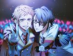  2boys arm_around_neck black_hair blue_eyes buttons cape coat commentary_request double-breasted epaulettes eyewear_visible_through_hair frown fushimi_saruhiko glasses gloves glowstick grin holding holding_microphone k-project korean_commentary male_focus microphone multiple_boys n_(nauki_11) necktie orange_eyes orange_hair penlight_(glowstick) red_cape red_necktie smile v white_coat white_gloves yata_misaki 