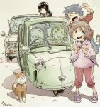  6+girls =_= absurdres animal animal_collar arai_claire avril_austin beanie black_hair blue_pants boots brown_dog brown_eyes brown_hair car closed_eyes closed_mouth collar commentary_request daihatsu daihatsu_midget dog double_v drawstring glasses green_car hair_ornament hands_up hat highres hood hood_down hoodie jacket kogure_yuzuha kotesashi_yayoi long_hair looking_at_viewer medium_hair mima_nonoka momose_riko motor_vehicle multiple_girls open_mouth panda_hair_ornament pants pink_hoodie purple_shoes red_eyes red_jacket red_pants round_eyewear sekihan shiba_inu shoes signature smile sneakers standing standing_on_one_leg three-wheeler track_pants v white_boots white_car zesshaka!_shiritsu_yotsuwa_joshi_gakuin_zetsumetsu_kigu-sha_gakka 