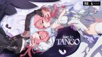  2girls artist_request black_dress black_shrug black_wings breasts commentary dress dual_persona english_commentary highres large_breasts lying medium_hair multiple_girls official_alternate_costume official_art on_back pink_hair purple_eyes remielle_dan remielle_dan_(moonlight_whispers) revision shrug_(clothing) thighhighs thighs white_dress white_thighhighs white_wings wings zenless_zone_zero 