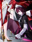  2girls absurdres chromatic_aberration closed_mouth collared_shirt commentary cutoffs dress english_commentary gloves gradient_background hand_on_another's_head high_heels highres himeko_(honkai:_star_rail) himeko_(nova)_(honkai:_star_rail) holding holding_sword holding_weapon honkai:_star_rail honkai_(series) jacket kafka_(honkai:_star_rail) layered_dress multiple_girls open_clothes open_jacket pantyhose polearm purple_hair shirt sitting sword thigh_strap weapon wendy_05 yuri 