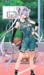 1girl ball bare_shoulders basketball_(object) basketball_uniform blue_eyes blush breasts britomart_(academy_outfit)_(fate) britomart_(fate) commentary_request detached_sleeves double_bun elbow_pads fate/grand_order fate_(series) game_asset green_shorts green_tank_top grey_hair hair_bun headband large_breasts long_hair looking_at_viewer matsuryuu official_art open_mouth partial_commentary pointy_ears shorts smile solo sportswear tank_top thighs third-party_source twintails very_long_hair wristband 