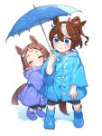  2girls absurdres aged_down animal_ears black_shorts blue_boots blue_coat blue_eyes blue_umbrella blush boots bow buttons child closed_eyes coat commentary_request dated dot_nose ear_bow ear_ornament full_body grin hair_between_eyes hair_ornament hairclip highres holding holding_umbrella hood hood_down horse_ears horse_girl horse_tail medium_hair multicolored_hair multiple_girls omotil pink_bow ponytail purple_boots purple_coat raincoat shadow shorts simple_background single_hair_streak smile standing streaked_hair swept_bangs tail teeth tokai_teio_(umamusume) translation_request tsurumaru_tsuyoshi_(umamusume) umamusume umbrella white_background white_streaks wing_hair_ornament 