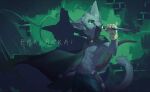 2019 abstract_background anthro bottomwear bow_(weapon) cape cast_shadow chinese_description cjk_character clothed clothed_anthro clothed_male clothing digital_media_(artwork) domestic_cat felid feline felis fur gloves green_eyes grey_body grey_fur handwear head_tilt hi_res holding_bow_(weapon) holding_knife holding_object holding_ranged_weapon holding_weapon humanoid_hands inner_ear_fluff juo1 knife knife_sheath male male_anthro mammal navel nipples pants pupils ranged_weapon simple_background slit_pupils solo tail text three-quarter_view tuft weapon