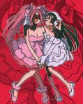  2girls alien_stage ankle_scrunchie bandana bare_shoulders black_hair bow breasts cleavage commentary dress dress_bow gloves hair_bow half-heart_hands high_heels highres holding_hands long_hair mizi_(alien_stage) mizi_(zombie_stage) multiple_girls open_mouth pink_bow pink_dress pink_hair pink_scrunchie pink_shoes scrunchie shikaku00000 shoes signature sua_(alien_stage) sua_(zombie_stage) very_long_hair white_bandana white_bow white_dress white_gloves white_shoes zombie_stage zoom_layer 