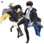  1boy 1girl alternate_costume belt black_belt black_coat black_hair black_pants black_shoes black_skirt black_socks black_sweater blunt_bangs breasts chitanda_eru coat collared_shirt commentary_request crossover full_body grabbing_another's_arm green_eyes hair_between_eyes harry_potter_(series) hetero holding holding_wand hood hood_down hooded_coat hyouka kneehighs loafers long_hair looking_at_another medium_breasts mery_(yangmalgage) necktie open_clothes open_coat open_mouth oreki_houtarou pants parted_lips pleated_skirt purple_eyes shirt shoes short_hair sidelocks signature simple_background skirt socks sweat sweater v-neck wand white_background white_shirt wizarding_world yellow_necktie 