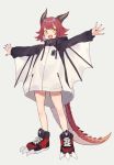  1girl commentary_request dragon_tail drawstring eyebrows_visible_through_hair full_body hood hoodie horns open_mouth original red_hair short_hair shugao simple_background solo tail teeth yellow_eyes 