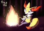2017 ambiguous_anthro ambiguous_gender anthro biped braixen candy canid dessert dipstick_tail english_description english_text fire food generation_6_pokemon holding_object holding_stick mammal markings marshmallow nintendo one_eye_closed open_mouth open_smile outside pokemon pokemon_(species) raokurai reclining redraw roasting_marshmallow side_view signature sitting smile solo stick tail tail_markings text tongue